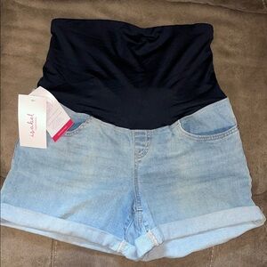 Ingrid and Isabel Maternity Light Wash Denim Over-Belly Shorts in Navy
